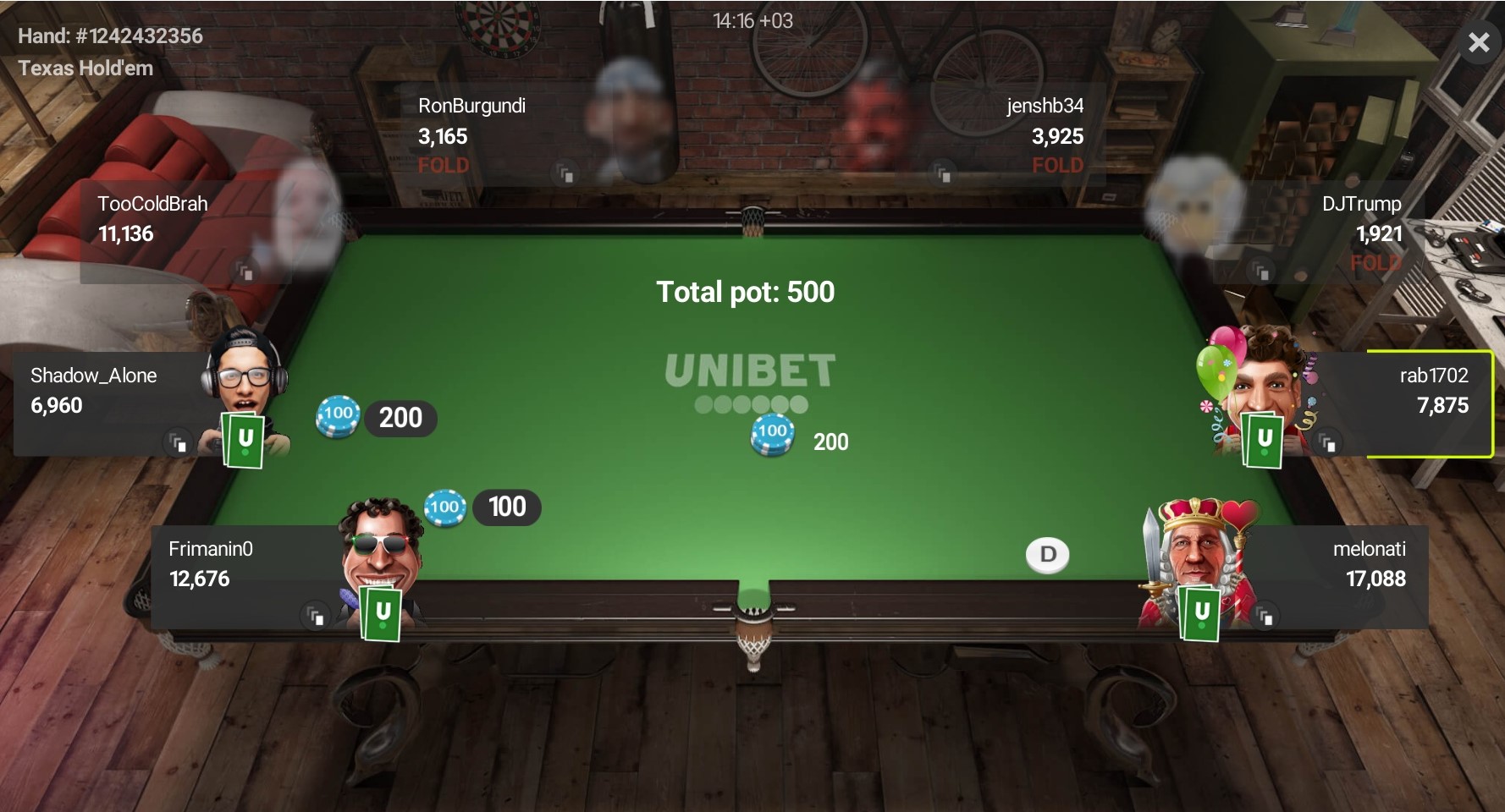 Вид стола в обычном турнире Unibet Poker.